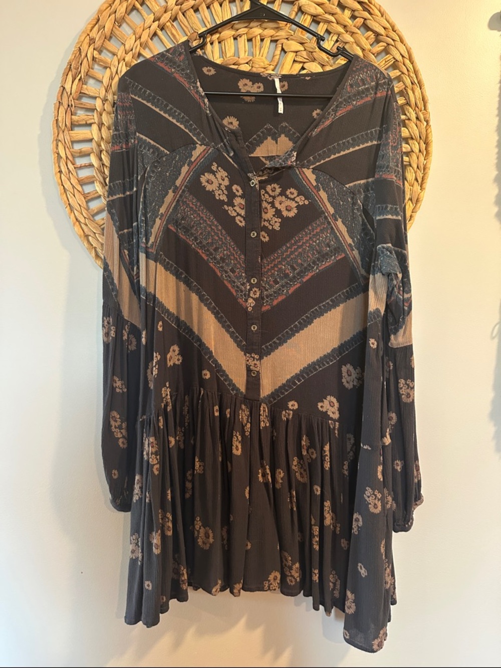 Free People Boho Floral Button-Front Tunic Dress in Charcoal and Beige